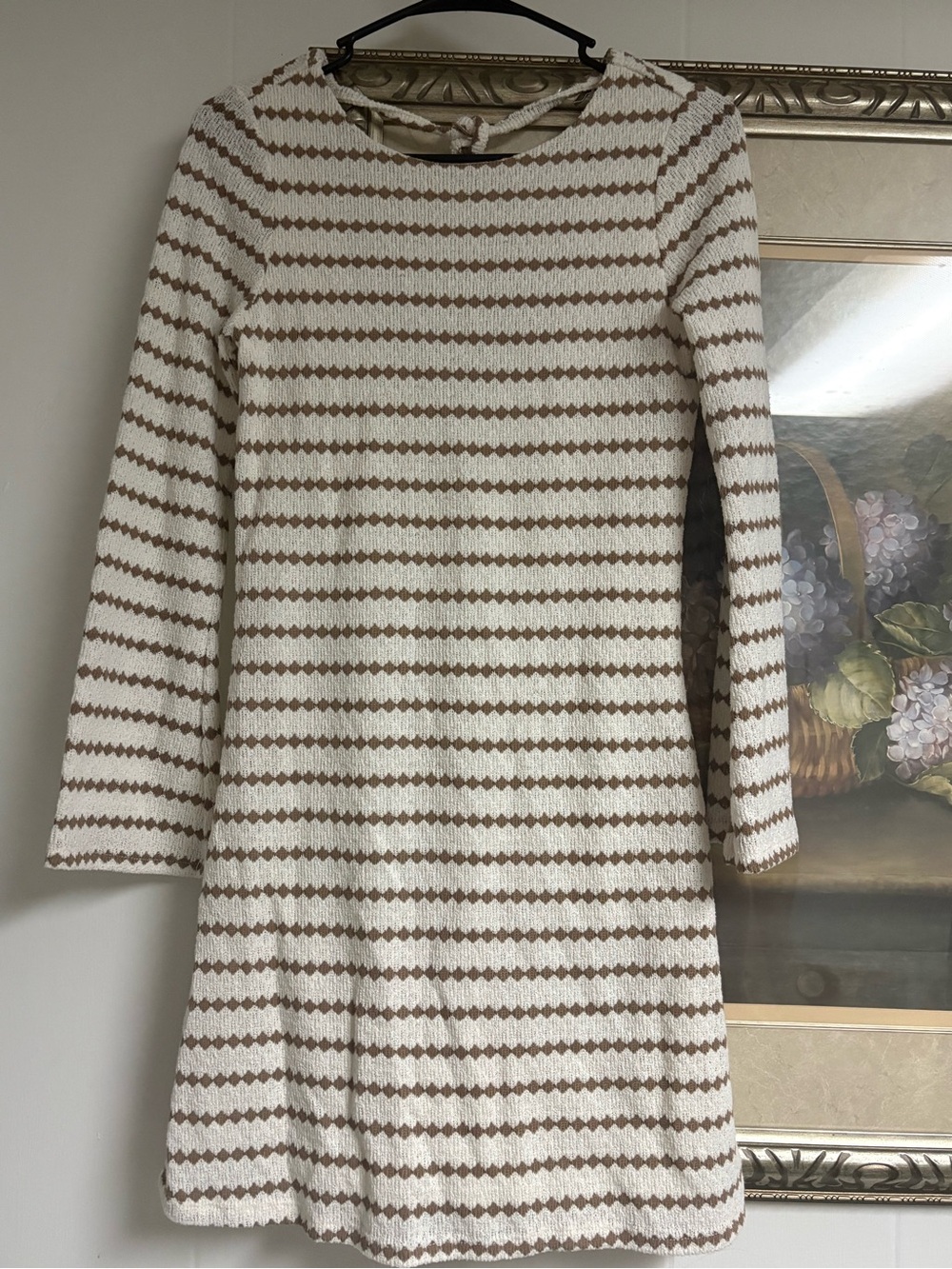 Madden Girl boho sweater dress, cream & taupe stripes, beaded tie, size M